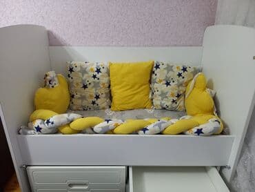 кровать трансформер: Для девочки и мальчика, Четырехугольная, Колыбель, С бортиками, С матрасом, С механизмом качания — 6