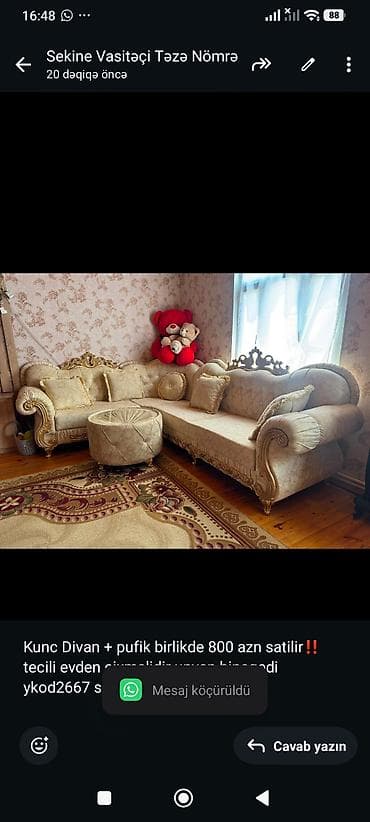 künç divan: Kunc Divan + pufik birlikde 800 azn satilir‼️tecili evden cixmalidir — 1