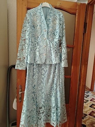 xari bulbul yaxa sancagi: Mavi krujeva qadın dəsti – pencək + ətək - Rəng: açıq mavi (pastel) - — 6