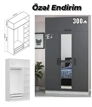3 qapılı, Güzgülü, Boz, Digər material, Açılan, Düz dolab