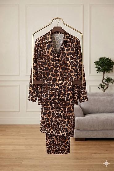 Leopar naxışlı iki hissəli pijama dəsti - Üst: düyməli köynək — 1