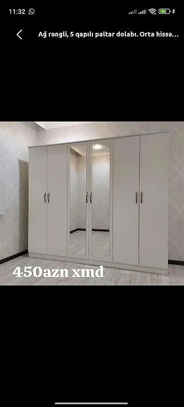 Yeni, 5 qapı, Güzgülü, Ağ, Açılan, Düz dolab
