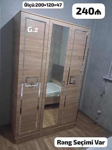 3 qapılı paltar dolabı - Ölçü: 200×120×47 sm - Mərkəzdə tam boy güzgü — 1