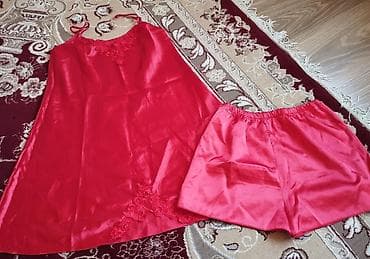 mini yupqa: Qırmızı atlas qadın pijama dəsti - Material: parıltılı atlas/saten — 8