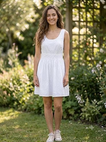 qizil uezuek type 1: Ağ yaylıq paltar - Rəng: qar bəyaz - Model: qolsuz, geniş ətəkli mini — 2