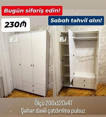 perla dolab: Ağ rəngli 3 qapılı paltar şkafı - Ölçü: 200 x 120 x 47 sm - Daxili — 1