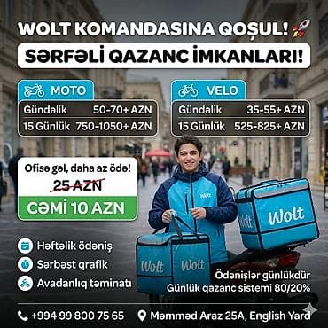Moto-kuryer tələb olunur, Gündəlik ödəniş, Təcrübəsiz