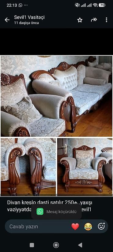 Divan kreslo dəsti satılır 250₼. yaxşı vəziyyətdə.Ünvan Xətai. 8598