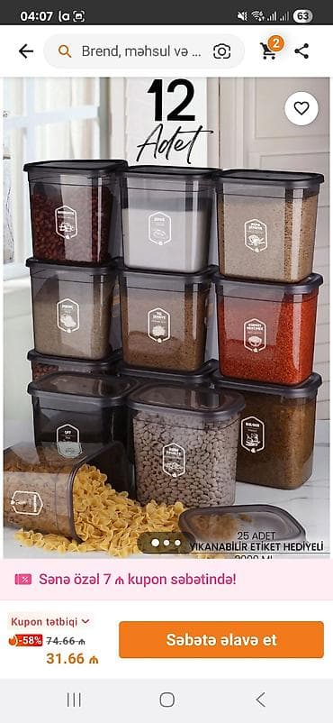 Mətbəx üçün qida saxlama qabları dəsti - Set tərkibi: 12 və 18