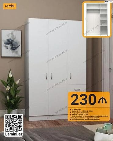 3 qapılı dolab – Kod: 1113 - Ölçülər: D 47 × H 200 × E 120 sm - Rəng — 1