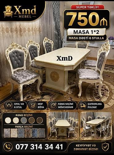 mebel termo: Klassik üslubda yemək otağı dəsti – masa və 6 stul - Masa ölçüsü: 1×2 — 1