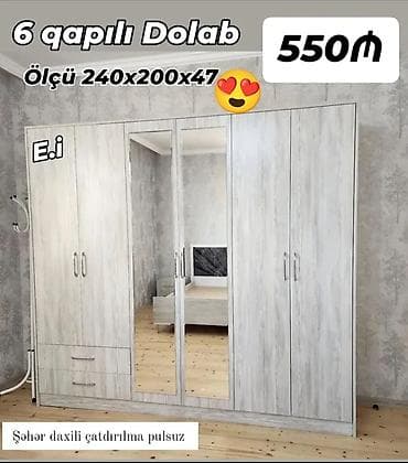 Yeni, 6 qapı, Güzgülü, Digər rəng, Digər material, Açılan, Düz dolab