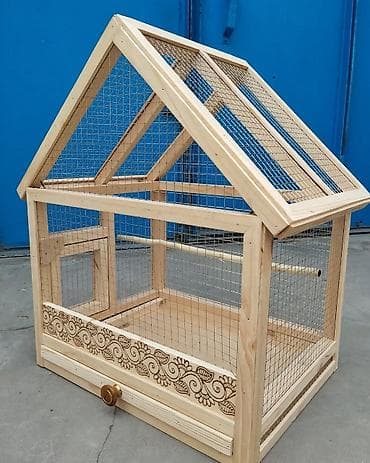 Akvariumlar: Taxta quş qəfəsi – “ev” formalı dizayn - Material: təbii ağac karkas — 2