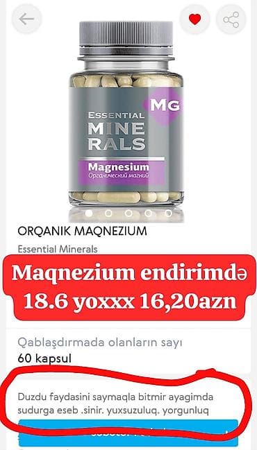 Orqanik Maqnezium – Essential Minerals - Tərkib: maqnezium (MG) kapsul