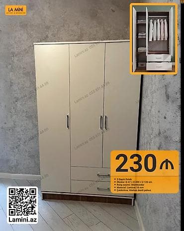 Мебель: 3 qapılı dolab - Ölçülər: Dərinlik 47 sm x Hündürlük 200 sm x Uzunluq — 1