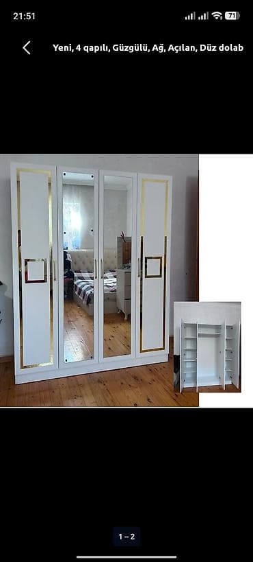 berde mebel: Yeni, 4 qapılı, Güzgülü, Ağ, Açılan, Düz dolab — 1