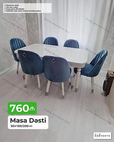 Masa Dəsti – 6 stulludur, açılan mexanizmli masa. Ölçülər: 90×160/200