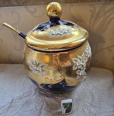 qab qaşiq: Qapaqlı dekorativ qab və qaşıq dəsti - Material: qalın şüşə (boyalı) — 1