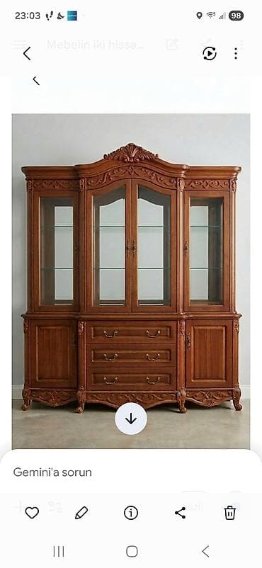 antik dolab: Klassik dizaynlı vitrinli bufet - Material: bərk ağac karkas, şüşə — 1