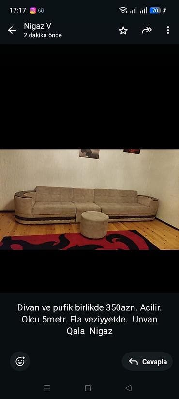 Divan ve pufik birlikde 350azn. Acilir. Olcu 5metr. Ela veziyyetde — 1