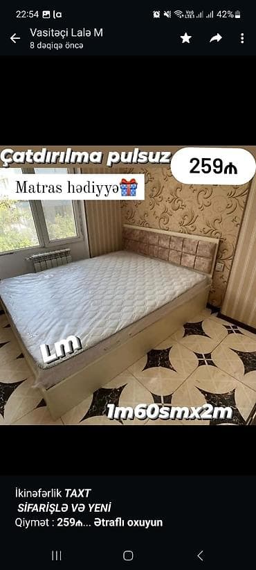 matraslar: İkinəfərlik _*TAXT*_ _*SİFARİŞLƏ VƏ YENİ*_ Qiymət : *259₼* Ölçü — 1
