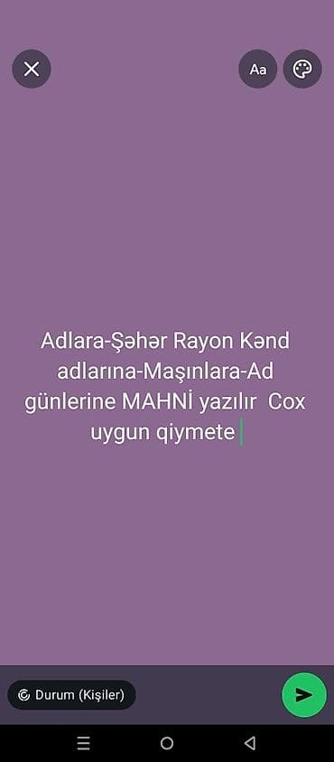 Xüsusi mahnı yazılması xidməti - Adlara, şəhər/rayon və kənd adlarına lalafo.az -da Xüsusi mahnı yazılması xidməti - Adlara, şəhər/rayon və kənd adlarına