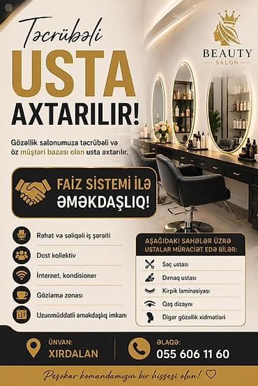 Qadın saç ustası tələb olunur, Faiz, 3-5 illik təcrübə