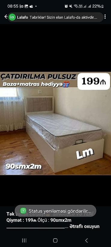 tek krafat: Birnəfərlik, Bazalı, Pulsuz matras, Siyirməsiz, Azərbaycan — 1