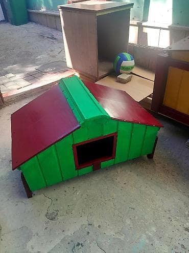 pişik sahiblenmek: Yaşıl və qırmızı rənglərdə, taxtadan hazırlanmış pişik evi. Evin — 1