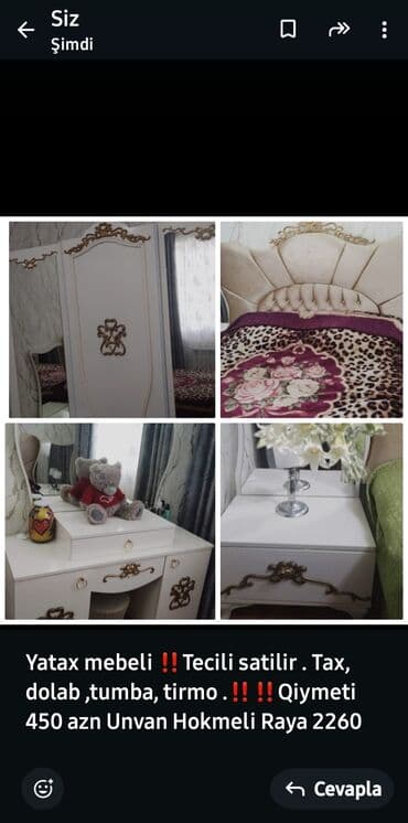 2 təknəfərlik çarpayı, Tumba, Dolab, Komod, İşlənmiş