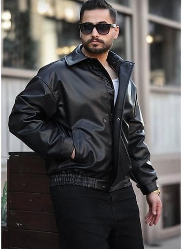 is geyimi: Kişi üçün qara dəri görünümlü qısa model gödəkçə - Material: parlaq — 1