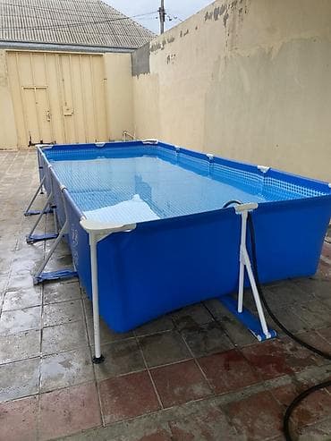 İdman və istirahət: Metal karkaslı, düzbucaqlı üstüaçıq hovuz - Rəng: mavi (ağ iç tor — 3