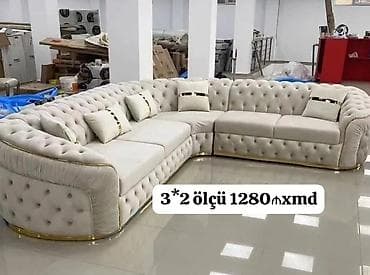 dekor satisi: L‑şəkilli büzməli dizayna malik künc divanı. - Ölçü: 3×2 m (şəkildə — 1