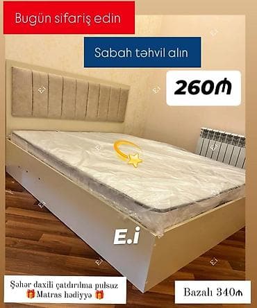 mebel sifarisi: Yataq dəsti – yumşaq, parça üzlü başlıqla komfortlu model. - Qiymət — 1