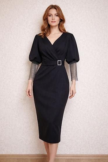 Zərif qara kokteyl donu - Model: midi uzunluqda, dar siluetli - — 1