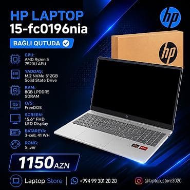 Yeni HP 15.6 ", AMD Ryzen 5, 512 GB, Ünvandan götürmə, Pulsuz çatdırılma, Ödənişli çatdırılma