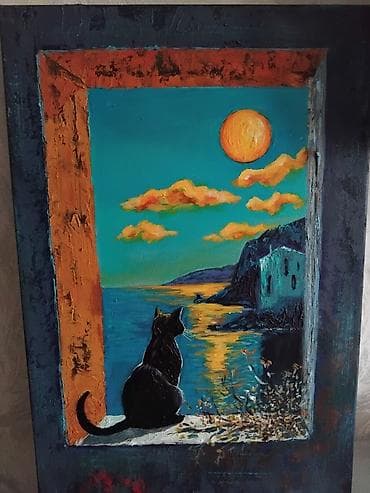 Dənizi seyr edən pişik . 40×60 Kətan üzərində akril və yağlı boya