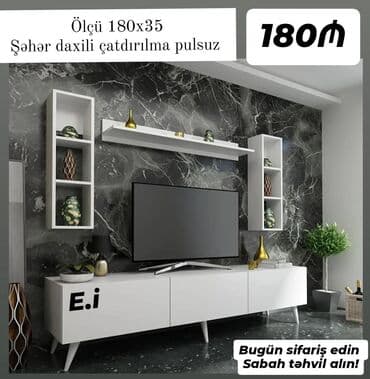 Sifarişlə dolablar: Düz TV altlığı, Polkalı, Laminat