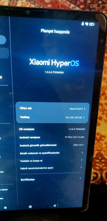 Kompüter və noutbuk aksesuarları: Xiaomi Pad 5 planşet - Sistem: Xiaomi HyperOS (versiya 1.0.6.0 — 1