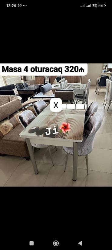 stol ustul: Mətbəx/dining dəsti – masa və 4 ədəd oturacaq. - Masa: Şüşəüstlü — 1
