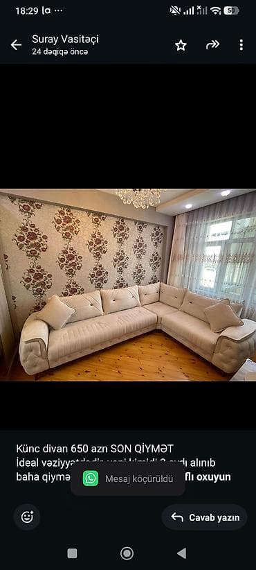 divan olcusu: Künc divan 650 azn SON QİYMƏT İdeal vəziyyətdədir, yeni kimidi 3 aydı — 1