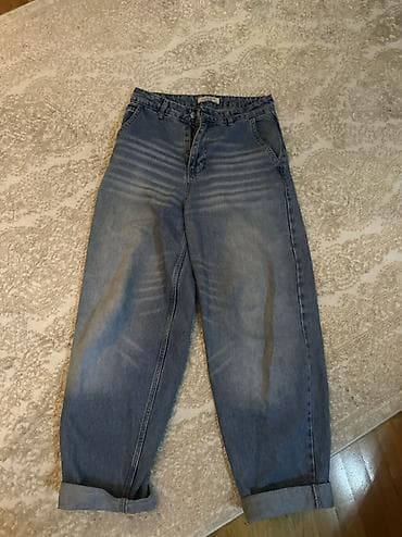 Geniş kəsimli mavi cins şalvar - Klassik açıq-mavi yuma, ön hissədə — 1