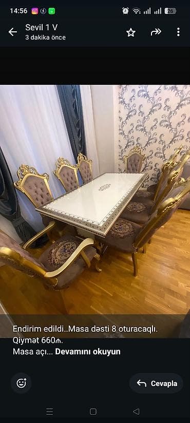 Endirim edildi. Masa dəsti 8 oturacaqlı. Qiymət 660₼. Masa