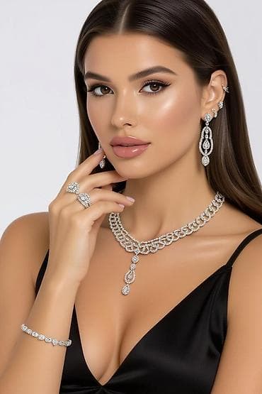 gumus ucuz: Zərif Zirkon Bəzək Dəsti – boyunbağı, sırğa, qolbaq və üzük - Parlaq — 4