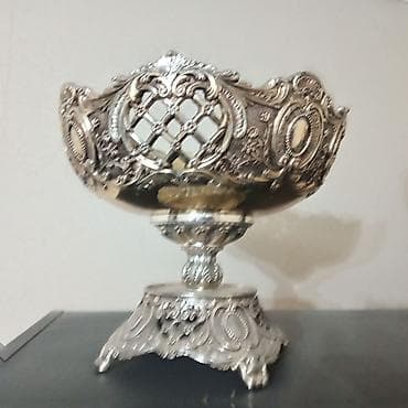mate: Gümüşü rəngli dekorativ metal dəst - Naxışlı ayaqlı qab: Dərin kasaya — 2