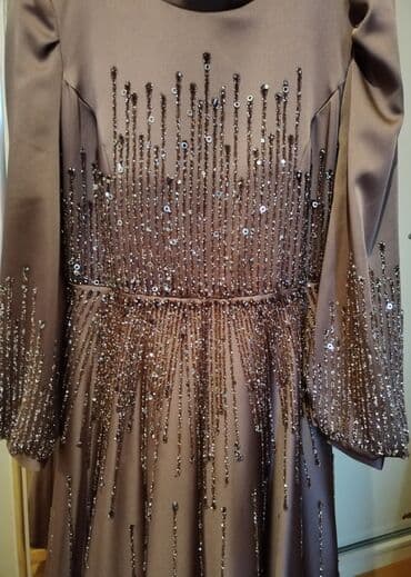 hicab toy geyimleri 2022: Zərif ziyafət/libas – şokolad-bürünc rəngli, parlaq dekorla - Uzun — 3