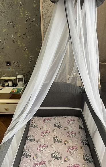 matras: Uşaq beşiyi/portativ yataq – baldaxinli - Rəng: tünd boz tekstil, ağ — 2