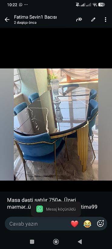 stol ustul: Masa dəsti satılır 750₼. Üzəri mərmər. ünvan Elmlər. 6990. Fatimə99 — 1