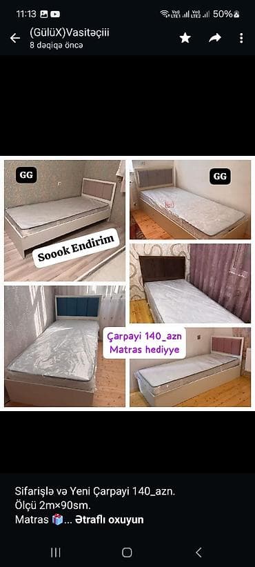 Мебель на заказ: Sifarişlə və Yeni Çarpayi 140_azn. Ölçü 2m×90sm. Matras 🎁 Rəng seçimi — 3