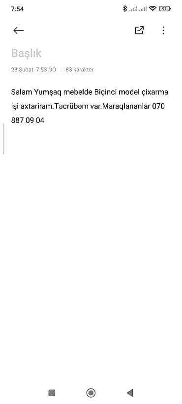 Təlim, kurslar: Yumşaq mebel sahəsində biçimçi/modelçıxarma ustası xidmətləri. - — 1